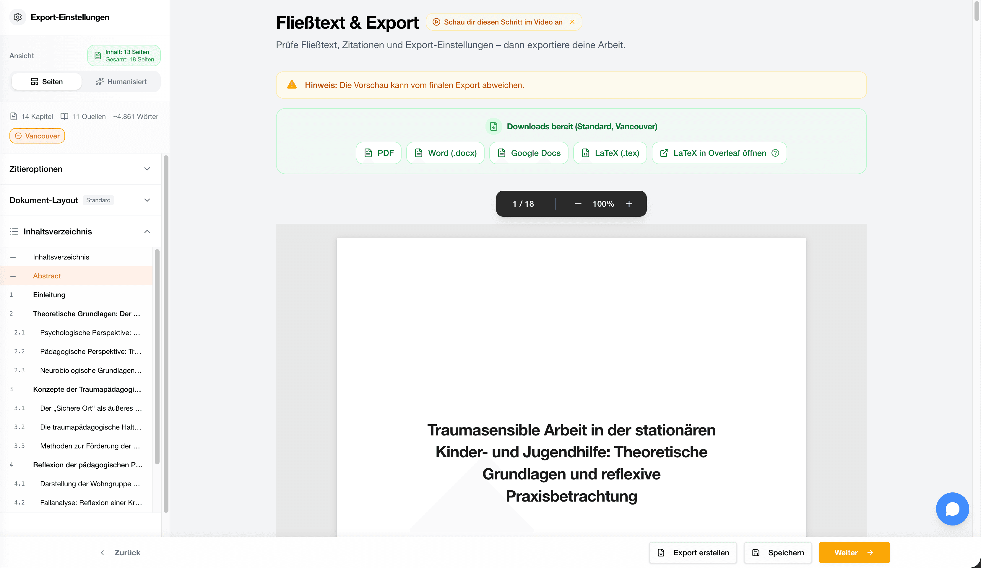 StudyTexter Exportbereich für Fließtext und ergänzende Dateien