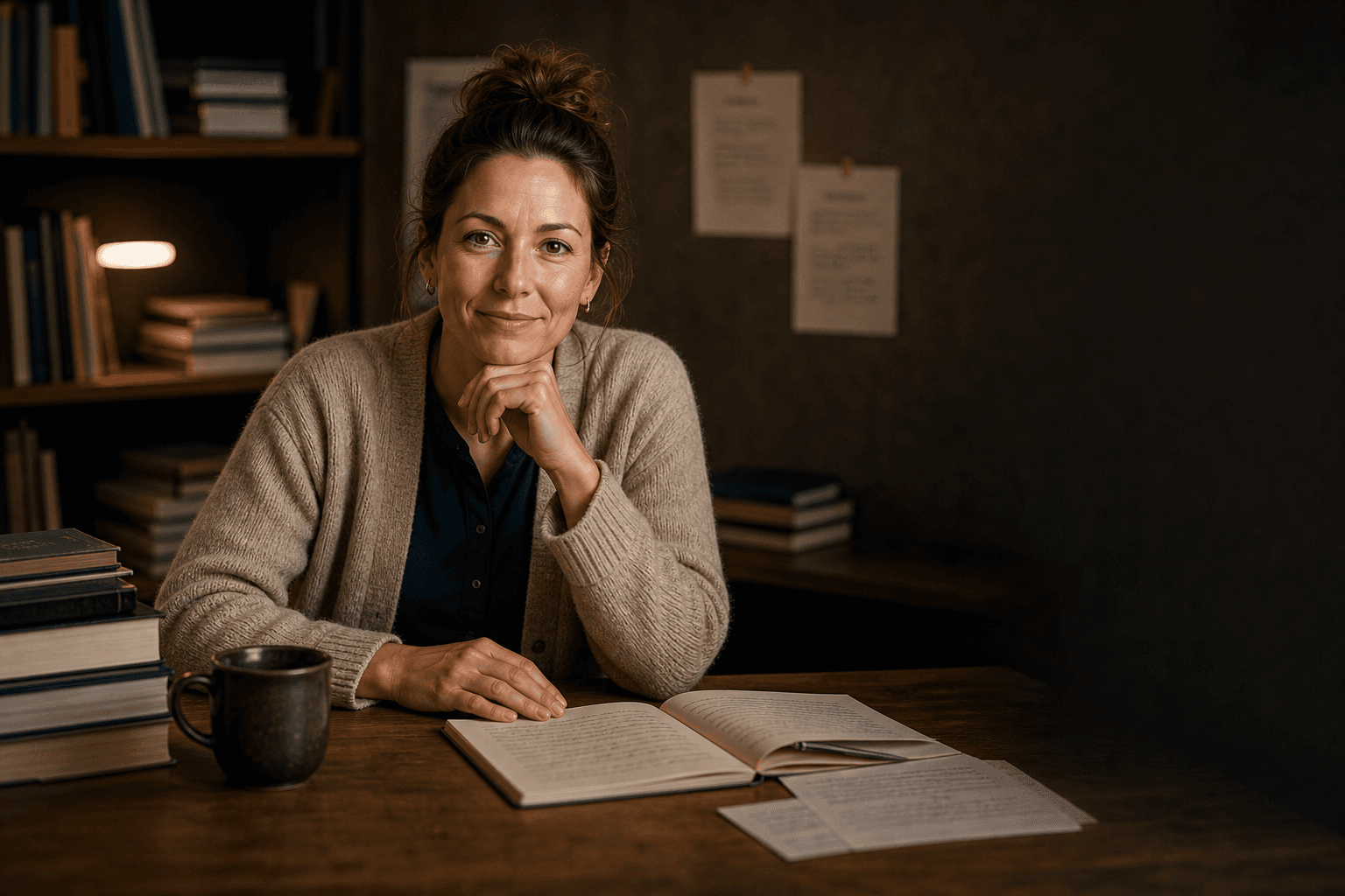 Anna Weber in ihrem Arbeitszimmer mit Manuskripten und Notizen